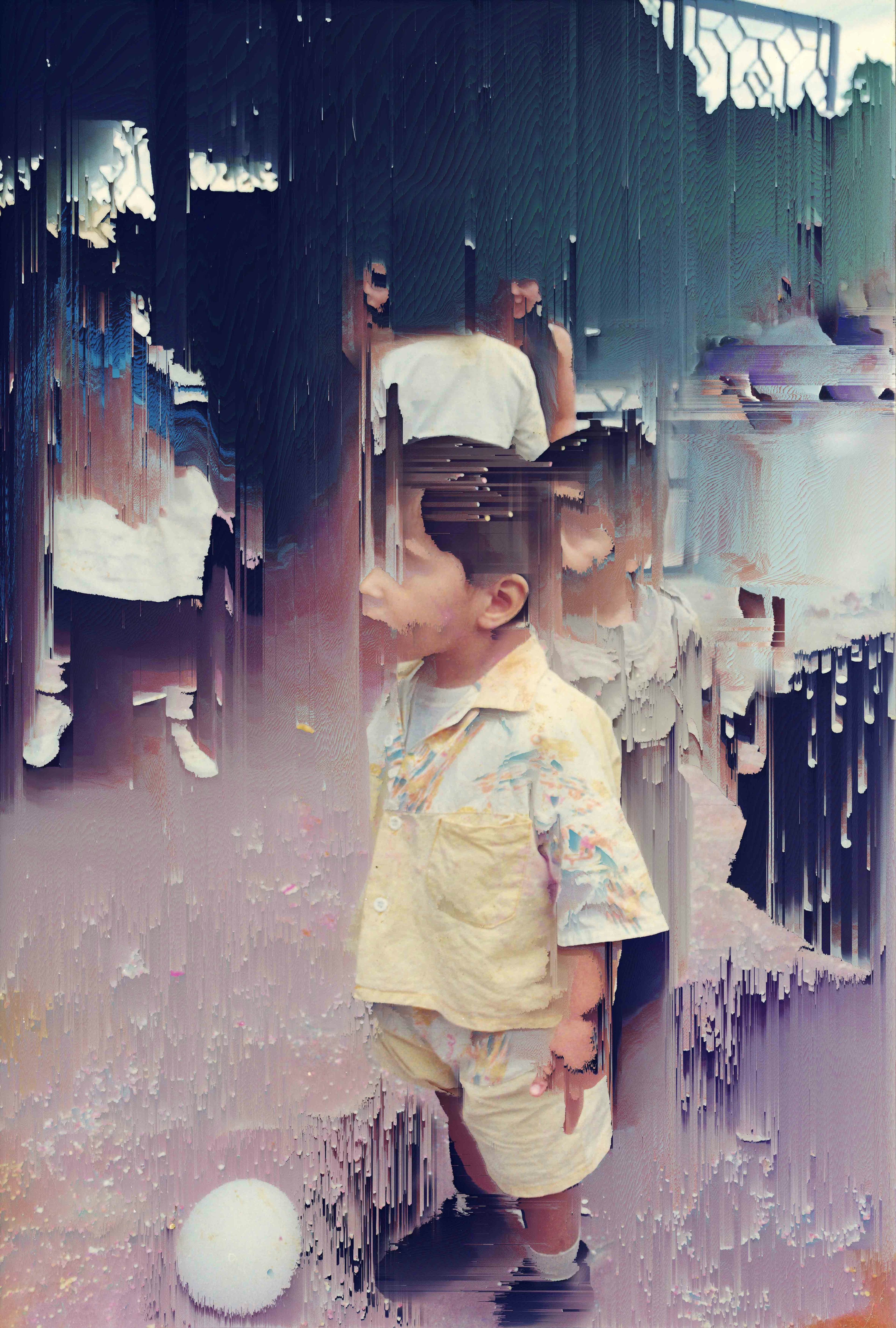 Archival photo of a small child on the street, a balloon-shaped object at his feet. The pixels are manipulated and wipe out the surrounding people.© Cristóbal Ascencio Ramos