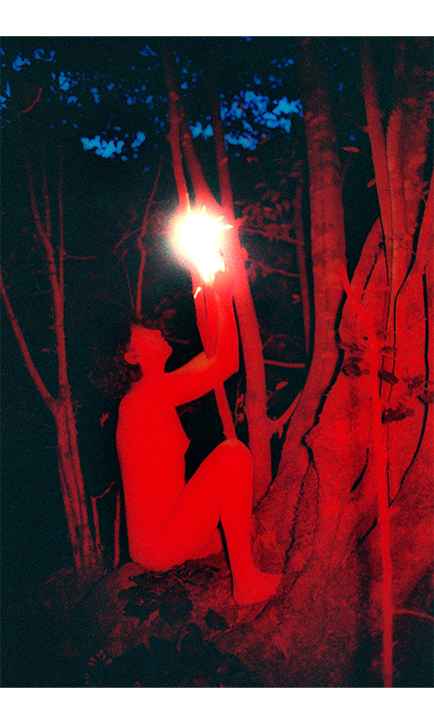 Image of an undressed person climbing in a tree, covered in red light, showing the camera's flash above their head. © Cansu Yıldıran