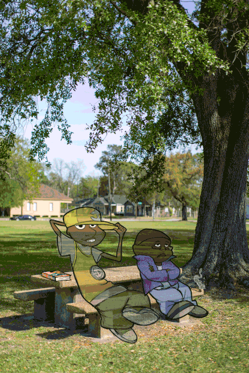 Image of a park bench with a drawing of two seated Black guys on top, the cigarette smoke is animated as a GIF. © André Ramos-Woodard
