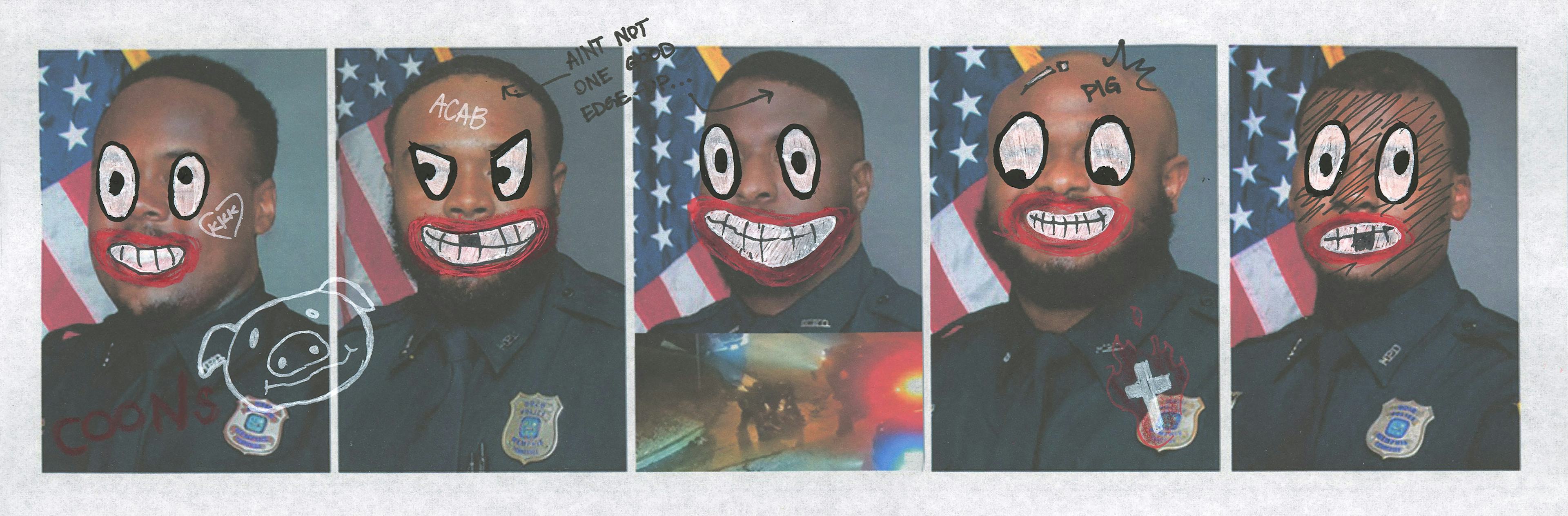 Five images of Black police officers, with funny faces drawn on top of the images. © André Ramos-Woodard