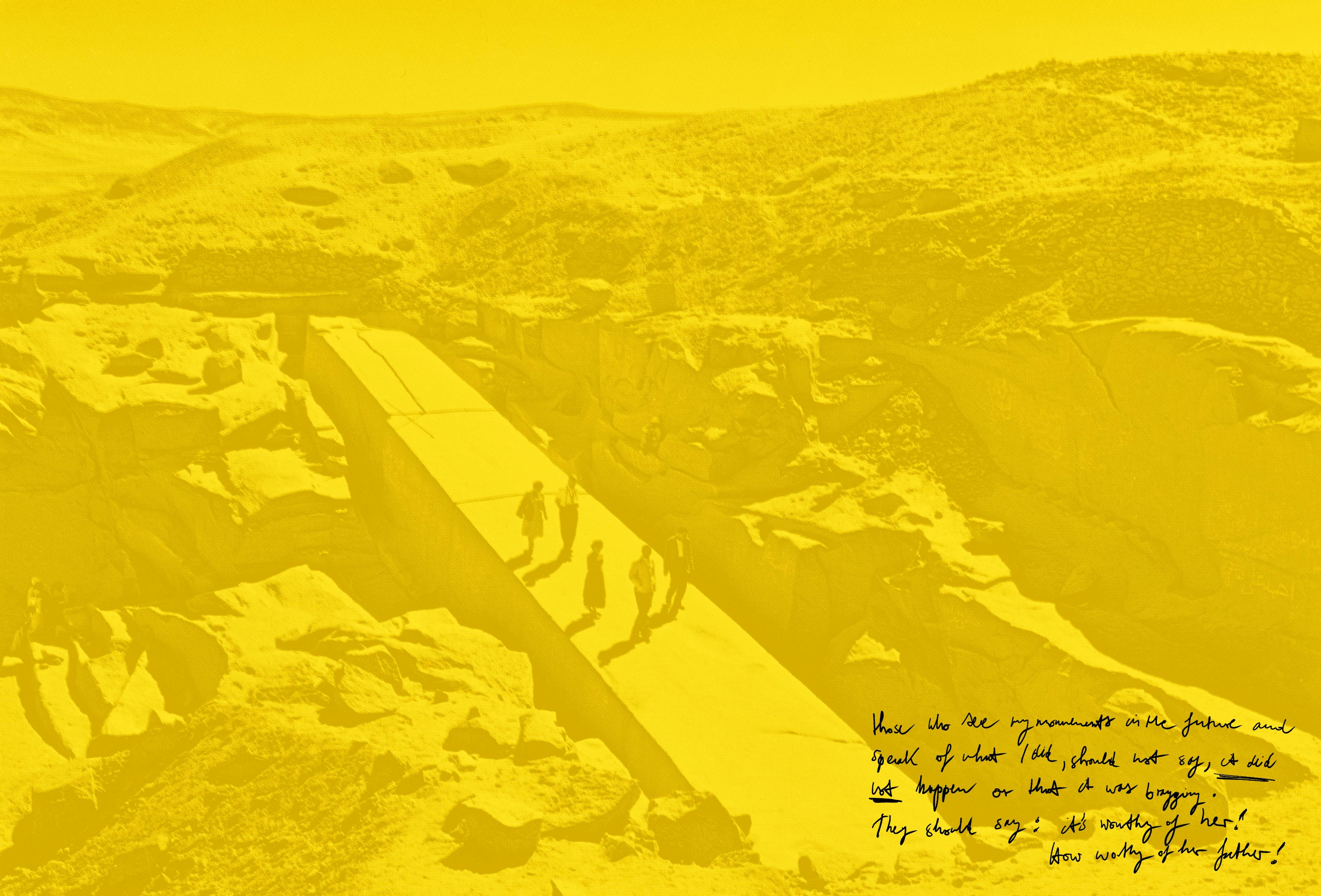 Postcard with writing on the lower left corner, showing a group of people walking around Egyptian ruins. Yellow filter