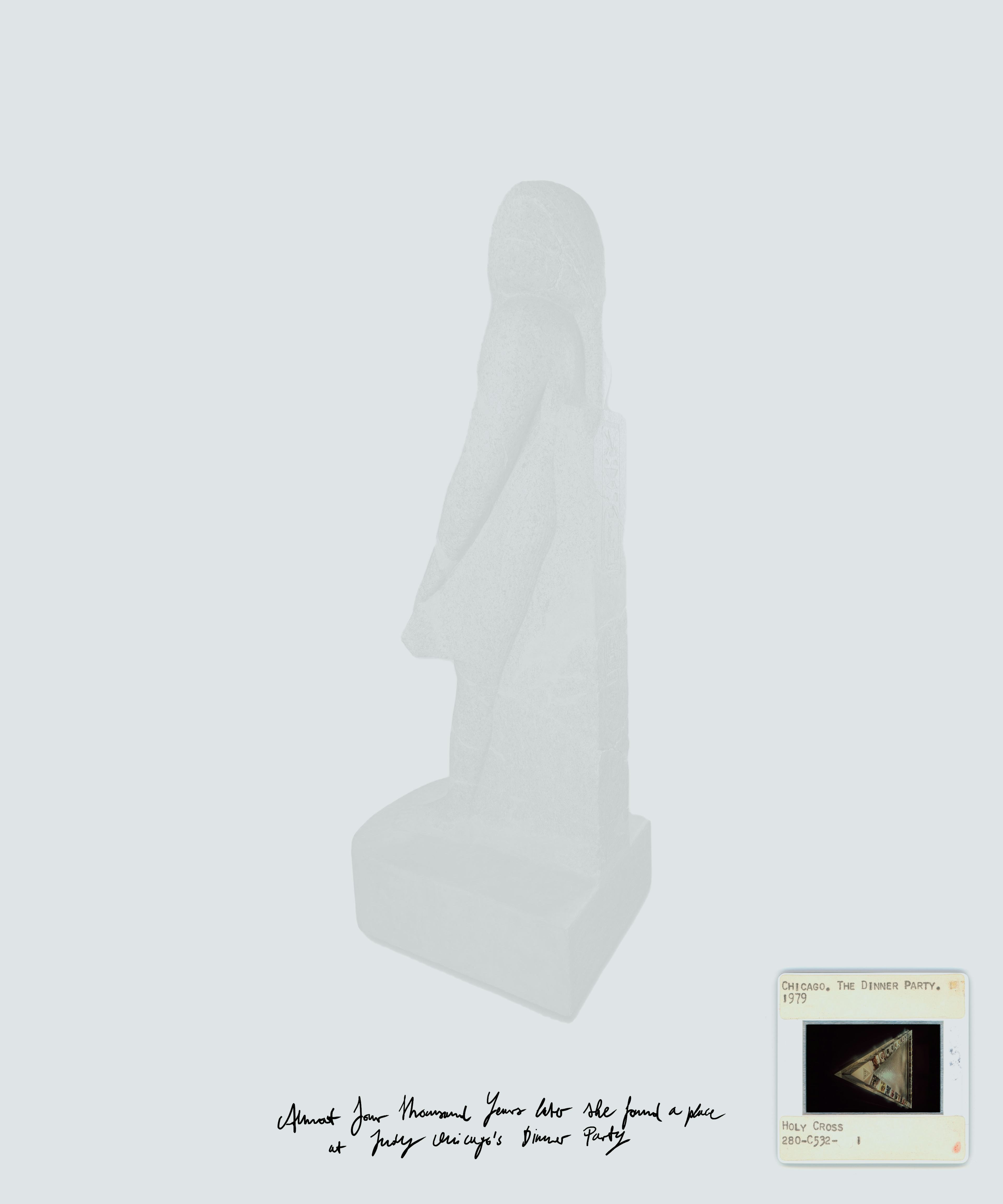 White image of a pharaoh figure, with writing and archival reference on the bottom