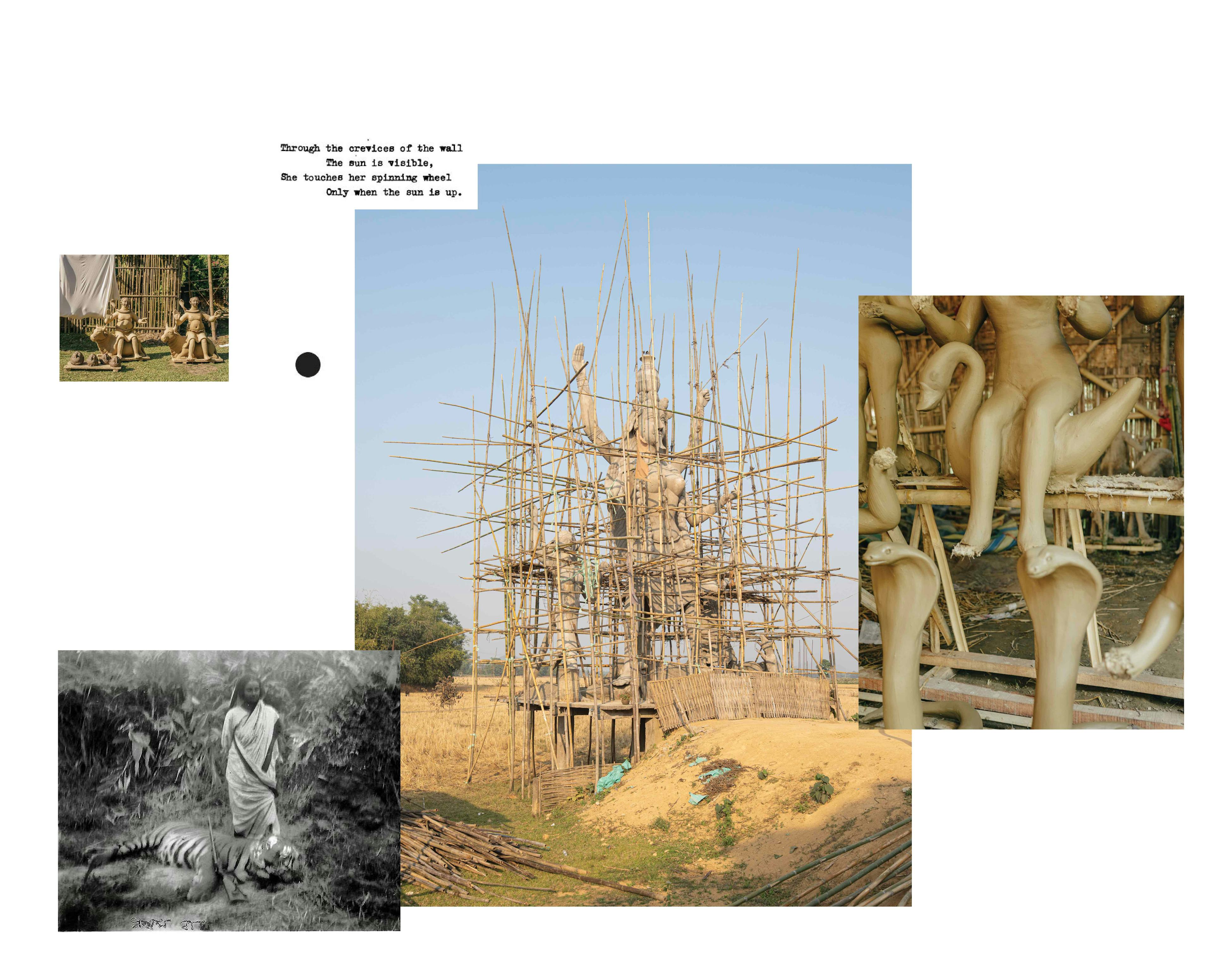 Collage of images and text showing a snake sculpture covered in scaffolding. © Akshay Mahajan