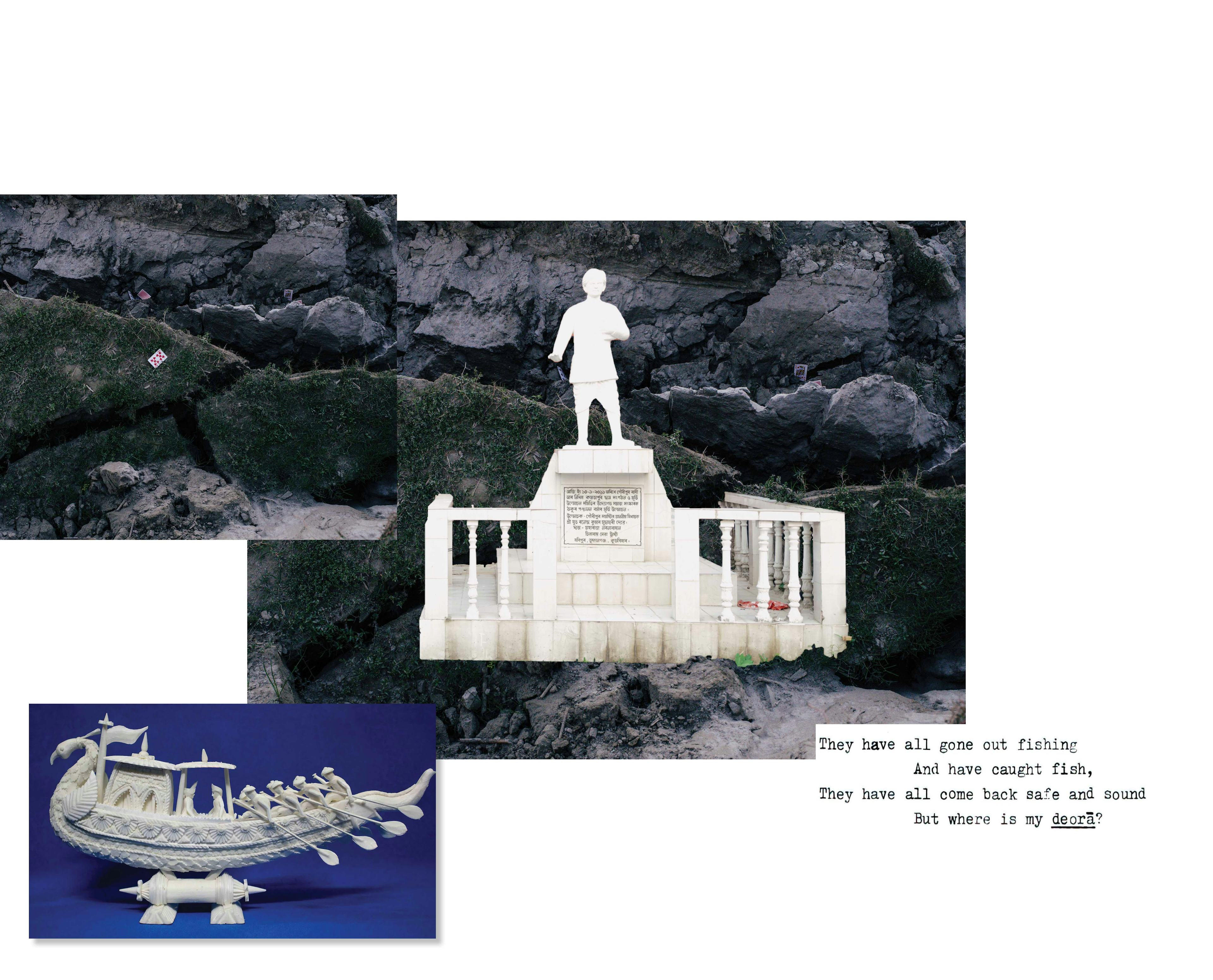 Collage of dark images showing rocks, a white statue and a sculpture of a boat. © Akshay Mahajan