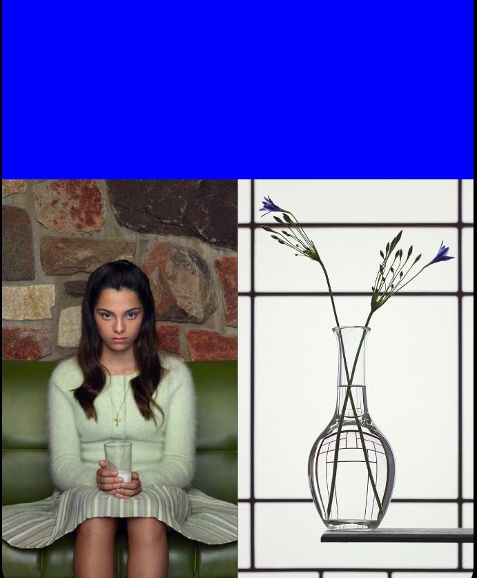 Collage of a woman sitting on a counch with a glass paired with a vase with flower.