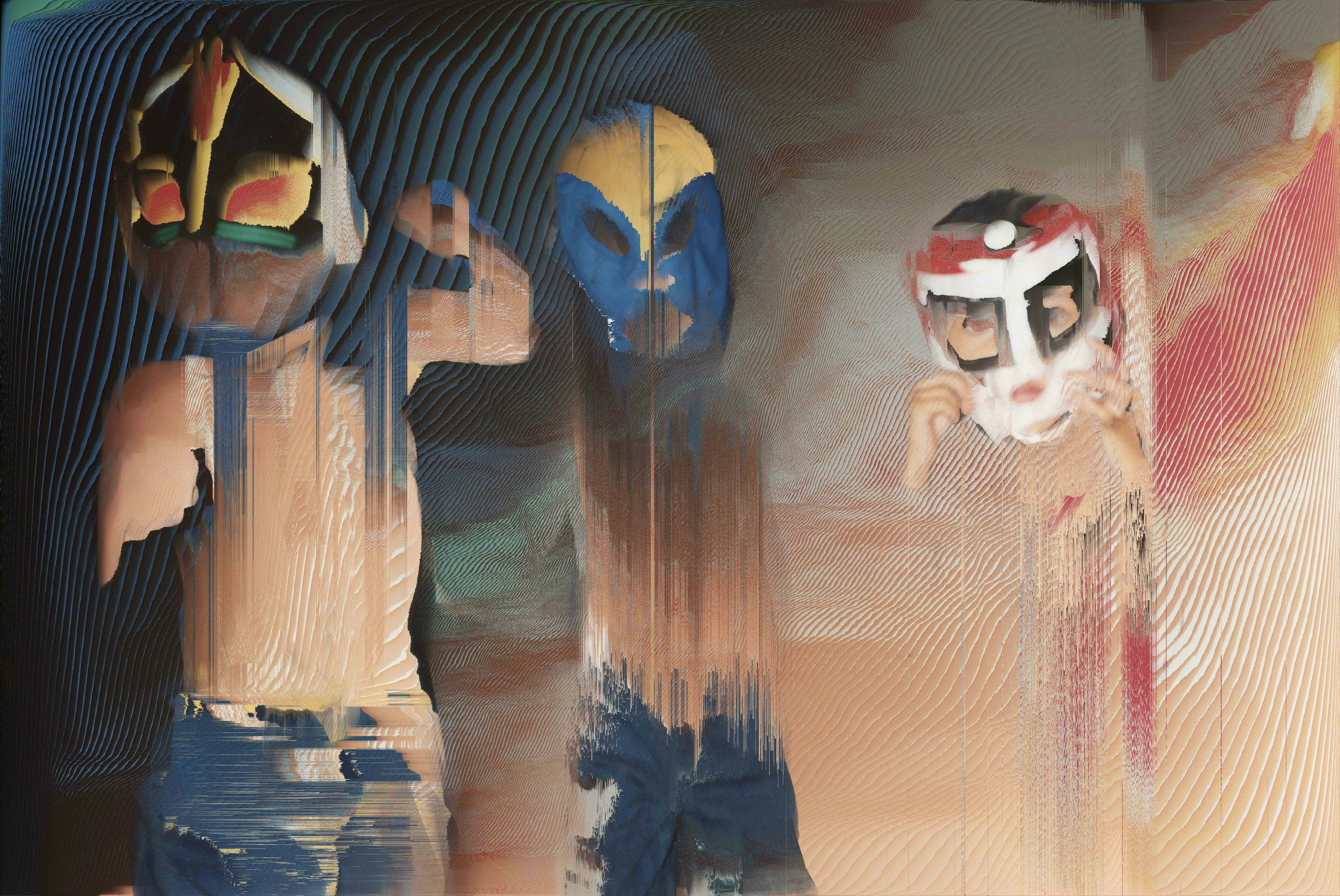 Archival photograph of three kids with colourful lucha libre masks on. The pixels are manipulated and wipe out the background © Cristóbal Ascencio Ramos