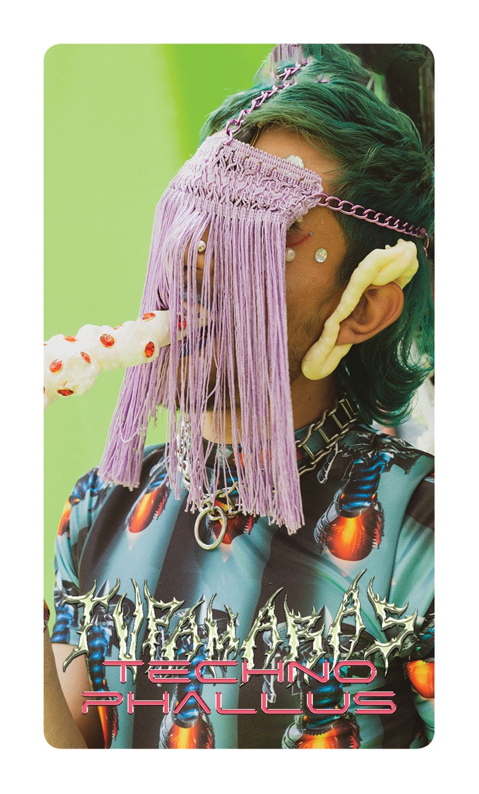 person with green hair, accessories, purple mask with fringe