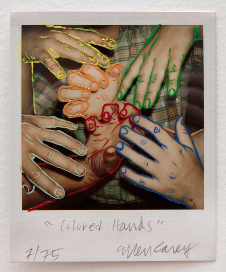 edited polaroid photo of three sets of hands